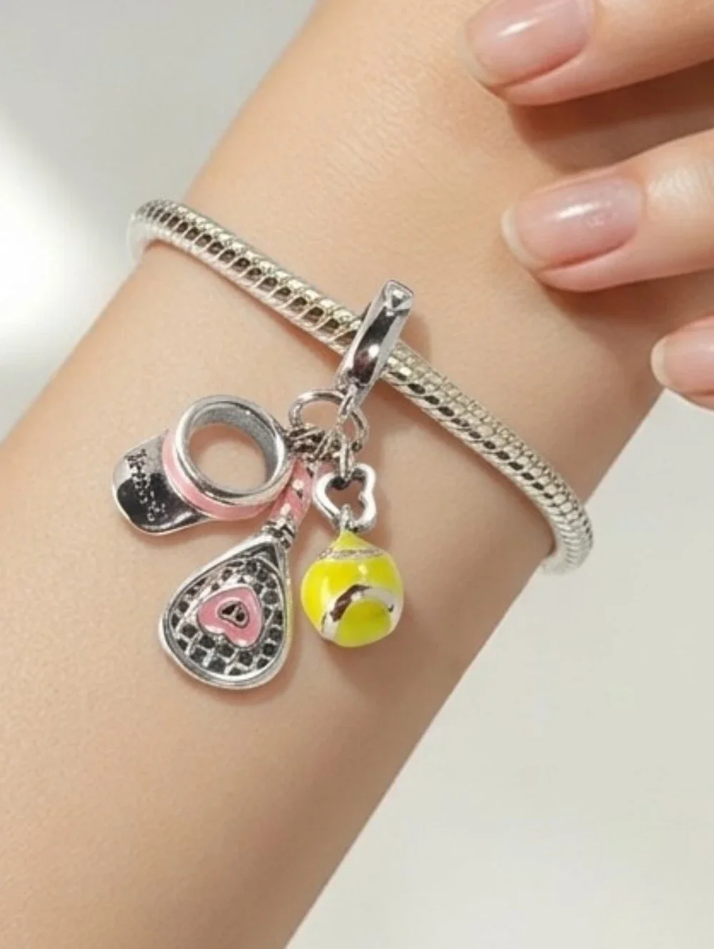 Tennis Girl Era Charm Pendant Silver Racket Ball Visor Pink Yellow Enamel Sporty